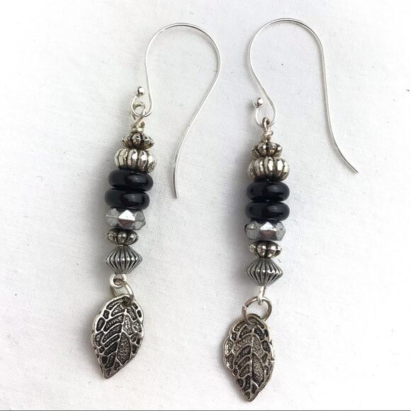 Drop Dangle Leaf Earrings Silver Black - Picture 2 of 2